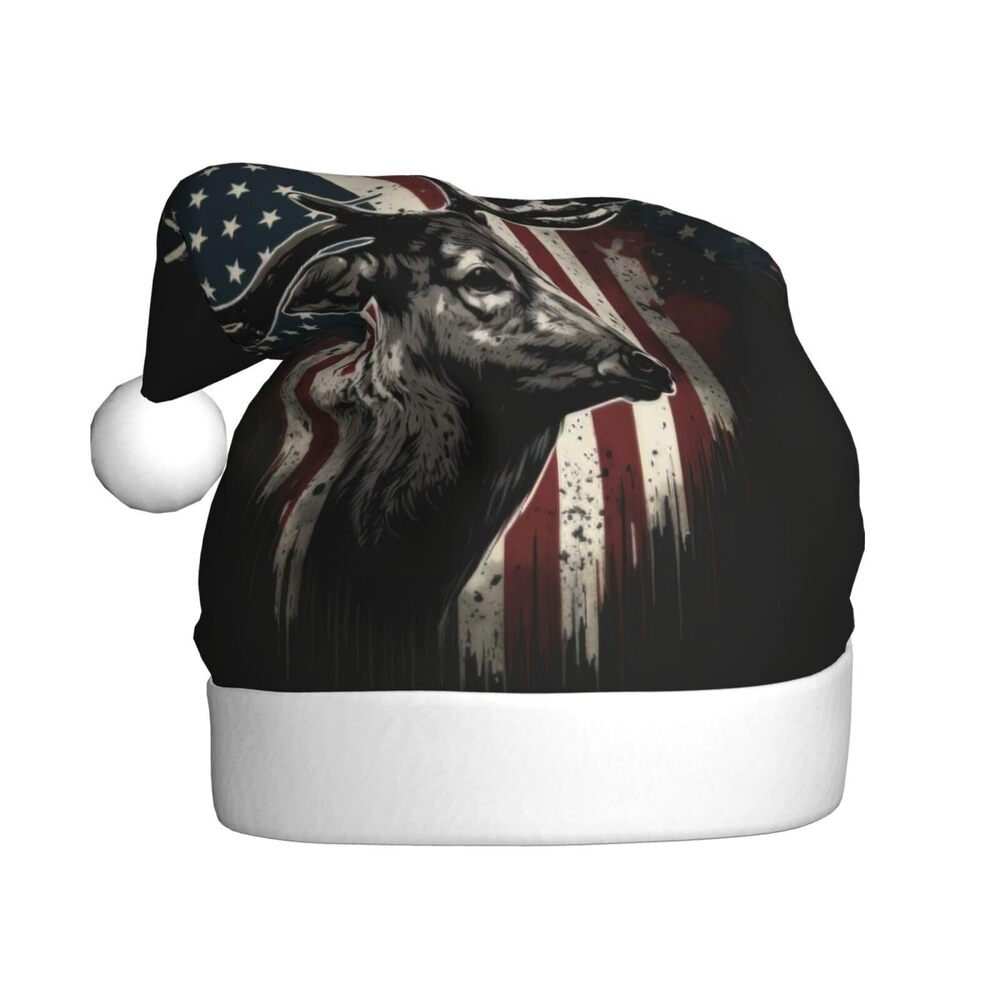 1755 Deer Camo Camouflage American Flag Hunting Santa Hat - Cozy Adult